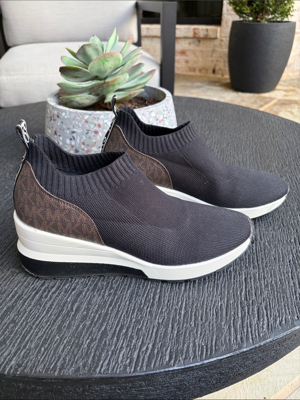 Michael Kors Designer Slip-On Knit Wedge Sneakers - Black/Brown Accent. SZ 7